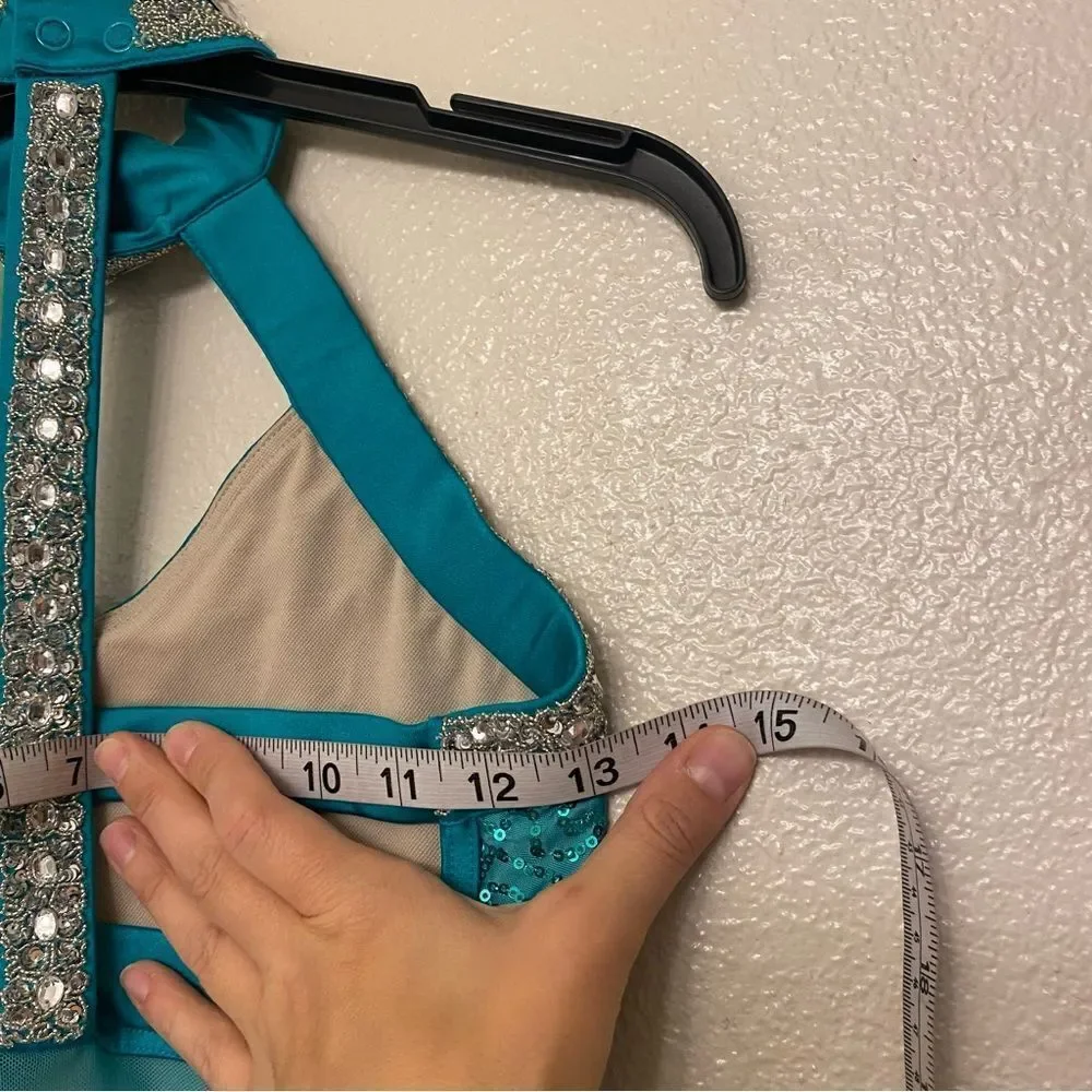 Glamour dance costume teal silver fringe contemporary Broadway embellished SA
